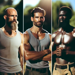 Three muscular men stand side by side, all with visible body hai...