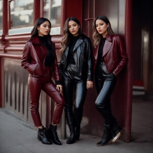 Girls in a black zip - up jacket and leather pants ! Black and b...