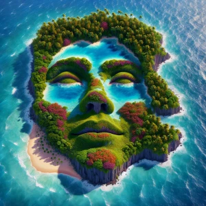 Create a 3D island shape of Madonna's  
 face, viewed from a sli...