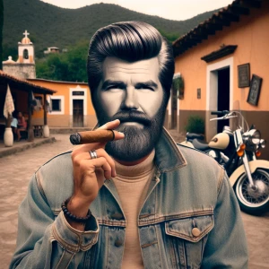 Draw a guy in a jean jacket, who is about fifty years old. Give...