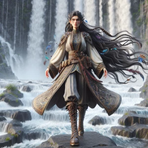 Create an image of Freya, the Norse goddess, by a cascading wate...