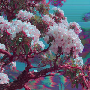 White flowering tree. music notes, glitch, oozing cosmic oily li...