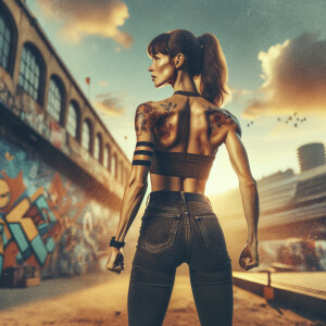 Athletic Thin skinny Attractive, Asian teenage girl, long brown hair and bangs, wearing tight skinny jeans and a halter top paint marks on her clothing, heroic pose Asian graffiti background, backside view