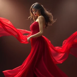 Create a stunning artwork of a beautiful woman in a red dress, w...