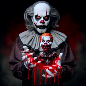 Sinister clown  with white and black face paint is holding a lif...