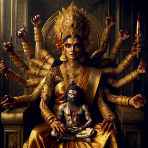 portrait of angry looking, four-armed indian goddess  sitting on a gold crown and carrying a weak mahishasur on her lap and poking his abdomen with her amazingly long red fingernails . She is wearing gold armor, a huge gold crown, gold saree, abundant  gold jewelry, covered in blood. The scene is set in ancient India. The image is 8K resolution, cinematic, photography, ultra detailed face and epic.