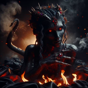 A serpentine, obsidian-skinned demoness, half-human, half-dragon...