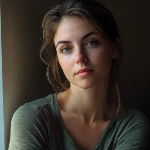 a woman, look to the camera, close up photo, Half Up Half Down,...