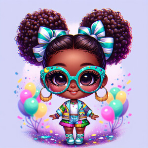 A chibi-style image of an African American 3-year-old girl, stan...