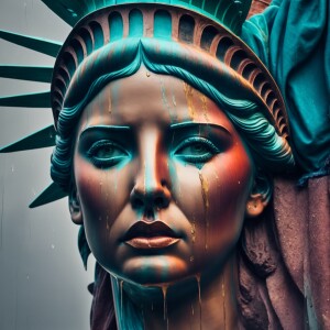 Illustrate the Statue of Liberty with a tear rolling down her ch...