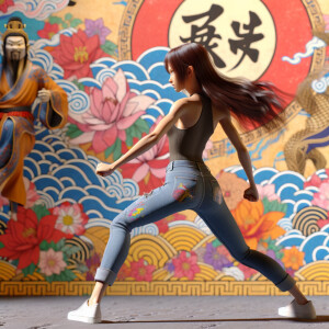 Athletic Thin skinny Attractive, Asian teenage girl, long brown hair and bangs, wearing tight skinny jeans and a halter top paint marks on her clothing, heroic pose Asian graffiti background, backside view