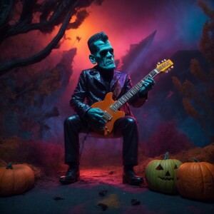 Create an 8K UHD 3D animation of Frankenstein playing an electri...