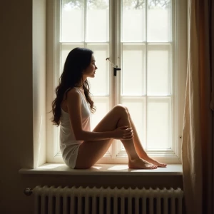 Serene, naturalistic portrait of a woman perched on a windowsill...
