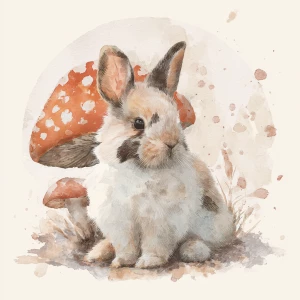 Soft fluffy rabbit under spotted mushroom, gentle watercolor tex...