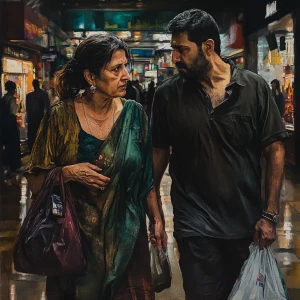 (HyperRealism)art,a(54 year old kashmiri mother in law ,sweaty,n...
