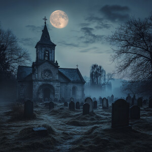 Old church cemetery on a moonlit foggy evening