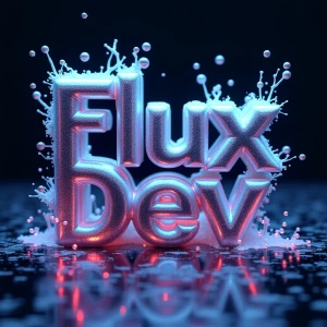 A futuristic and visually striking ["Flux Dev" text ] The words 'Flux Dev' emerge from a shifting, liquid metal structure, reflecting dynamic glitched patterns and pixel distortions. The text appears to be forming and dissolving simultaneously, symbolizing the evolution of AI. The environment is futuristic and illuminated by deep neon blues and purples, with floating digital shards and energy waves.