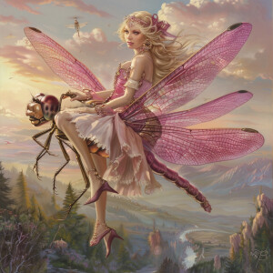 A beautiful blonde riding a pink dragonfly