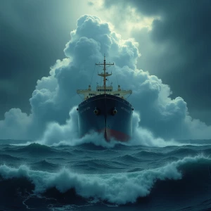 Surreal, dreamlike image: a massive cargo ship battling towering...