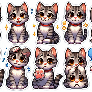 Create a sticker pack for me featuring a cute gray-and-white kit...