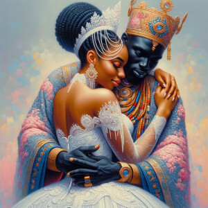 Imagine a hyper-realistic oil painting that captures a tender moment between theAfrican American bride and her God. The setting is intimate and filled with soft, warm lighting that enhances the emotional depth of the scene. The bride, in herexquisite wedding gown, shares a heartfelt embrace with her african-American Lord Jesus , who is dressedin an elegant outfit that complements the wedding's color scheme. Their expressions are full of love, pride, and joy, reflecting the special bond between them. Theattention to detail is paramount, from the intricate designs of their dresses to the subtle emotions conveyed in their facial expressions. The background is a blur ofgentle pastel hues, ensuring that the focus remains on this touching moment. Thispainting should convey the warmth, love, and depth of the relationship, with the rich textures and vibrant strokes characteristic of oil paintings, capturing the essence of this significant pre-wedding moment.