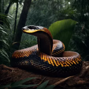 Create a lifelike image of a king cobra in a striking pose with...