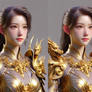 paladin girl, full body, perfect face, gold armor, Dragon armor,...