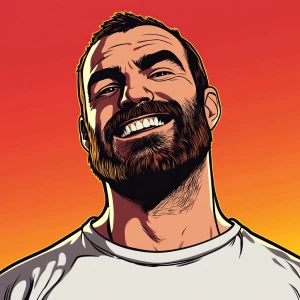 White muscular thin man with beard, big chin, smile and cheekbon...