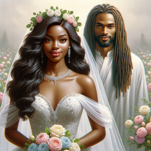 Create a 3-D realistic oil, painting of a beautiful African-American bride. She has long flooring, wavy hair and her gown has beautiful jewels around the neckline. in the background there is a beautiful African-American Jesus Christ with long dreadlocks, and he is smiling. He is very handsome pastel flowers throughout the image.