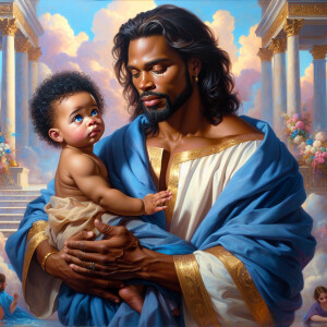 Classical oil painting style depicting an African-American Jesus...