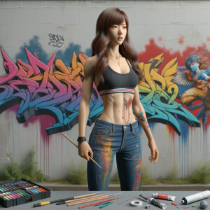 Athletic Thin skinny Attractive, Asian teenage girl, long brown hair and bangs, wearing tight skinny jeans and a halter top paint marks on her clothing, heroic pose Asian graffiti background, side view