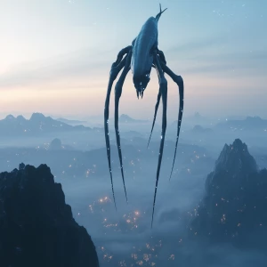 A surreal alien hybrid captured in an aerial perspective, hoveri...