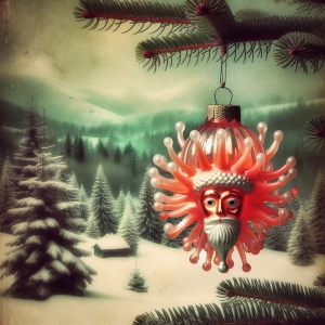 A photo of a 1950s kitsch blown glass Christmas ornament of a co...