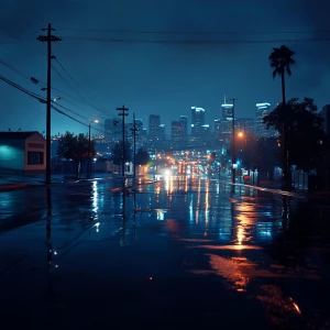 A nighttime view of Los Angeles right after a heavy rain, showca...