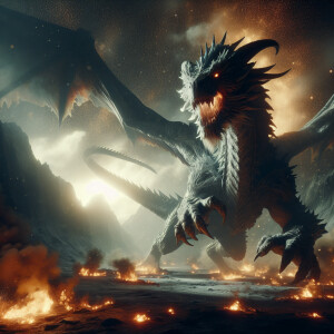 a ulta-realistic portrait of a jumping huge dragon, lunging towa...