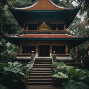Buddhist temple thailand style in bali surrounded by lush green...