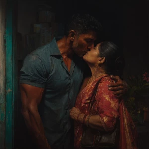 Hyperrealism painting.a muscular sweaty indian man standing in...