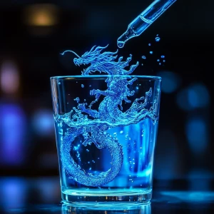 A dropper filled with neon blue ink held over a full glass of wa...