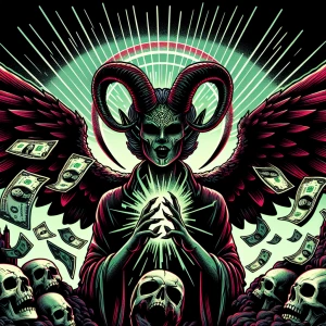 Create an illustration of a commanding demoness with prominent,...