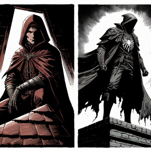 Batman observes from a rooftop, cape billowing in the breeze, gi...