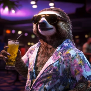 Sloths slerf meme..having a drink at the night club, 80'S clothi...