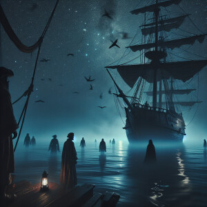 The ship sails at night. There is one person standing on it. And...