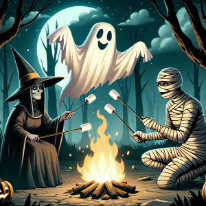 Halloween witch, ghost, and mummy sitting around a bonfire roast...