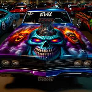 A classic muscle car with a vibrant, multicolored paint job feat...