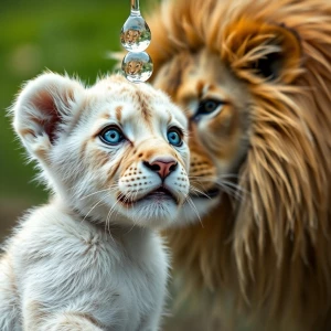 A young white lion cub with striking blue eyes gazes upwards at...