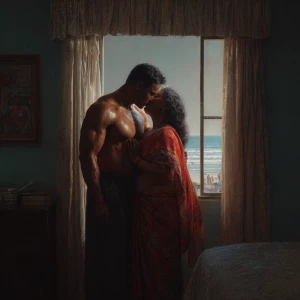 Create a hyperrealism painting of a muscular, sweaty Indian man...