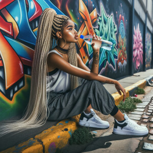 Street art style tan skin tone woman sitting on the sidewalk dri...