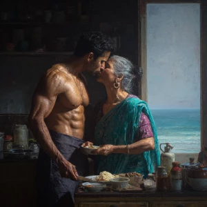 Hyperrealism painting.a muscular sweaty indian man standing an...