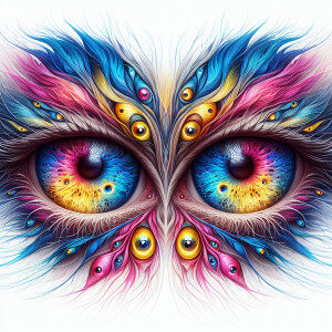 multicolored eyes, prominently featuring shades of blue, pink, a...