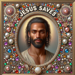 "Create a 3D realistic artwork featuring the phrase 'Jesus Saves...